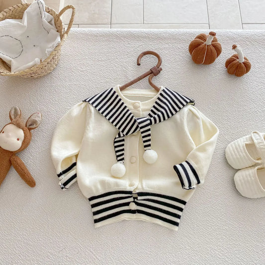Navy Striped Collar Pom-Pom Knit Cardigan
