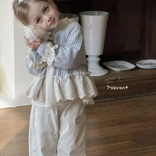 Girls Lace Cardigan Wide Pants Set