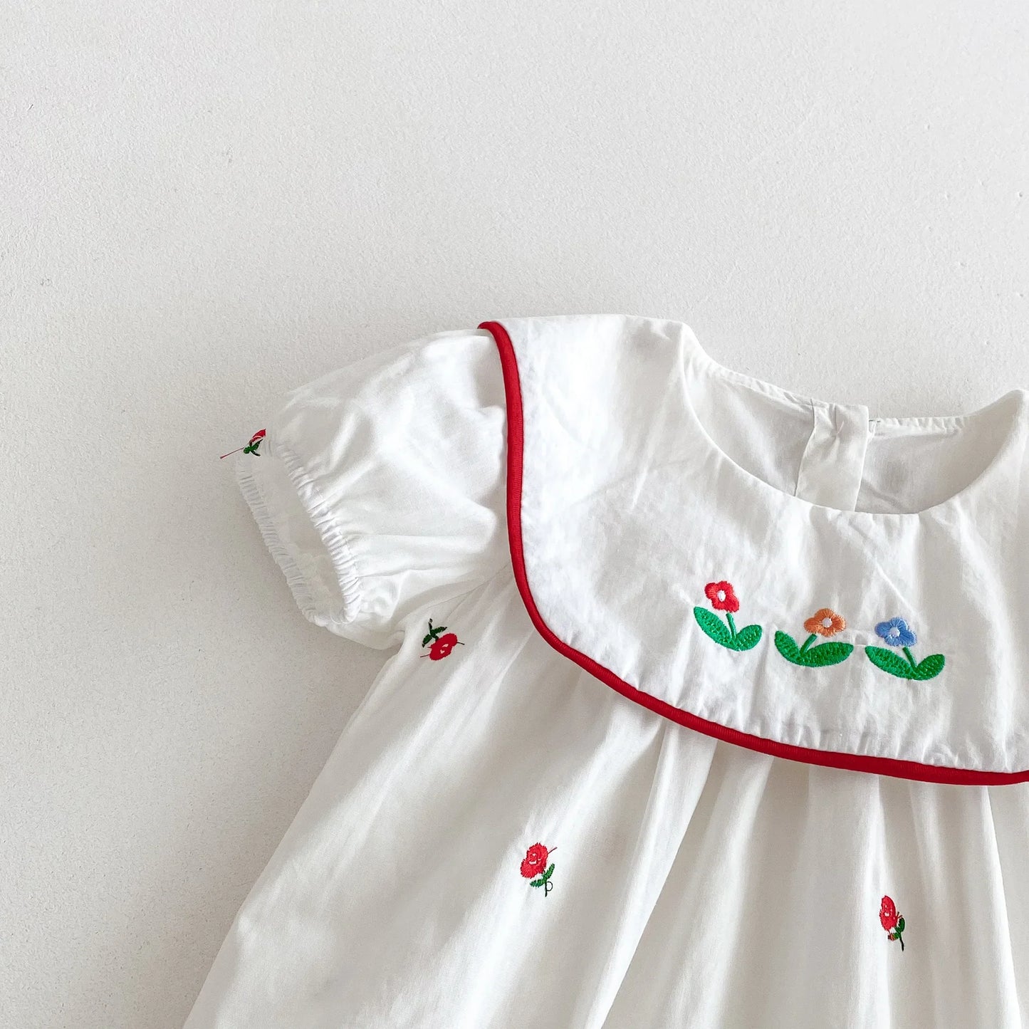 Red Floral Embroidery Square Collar Romper