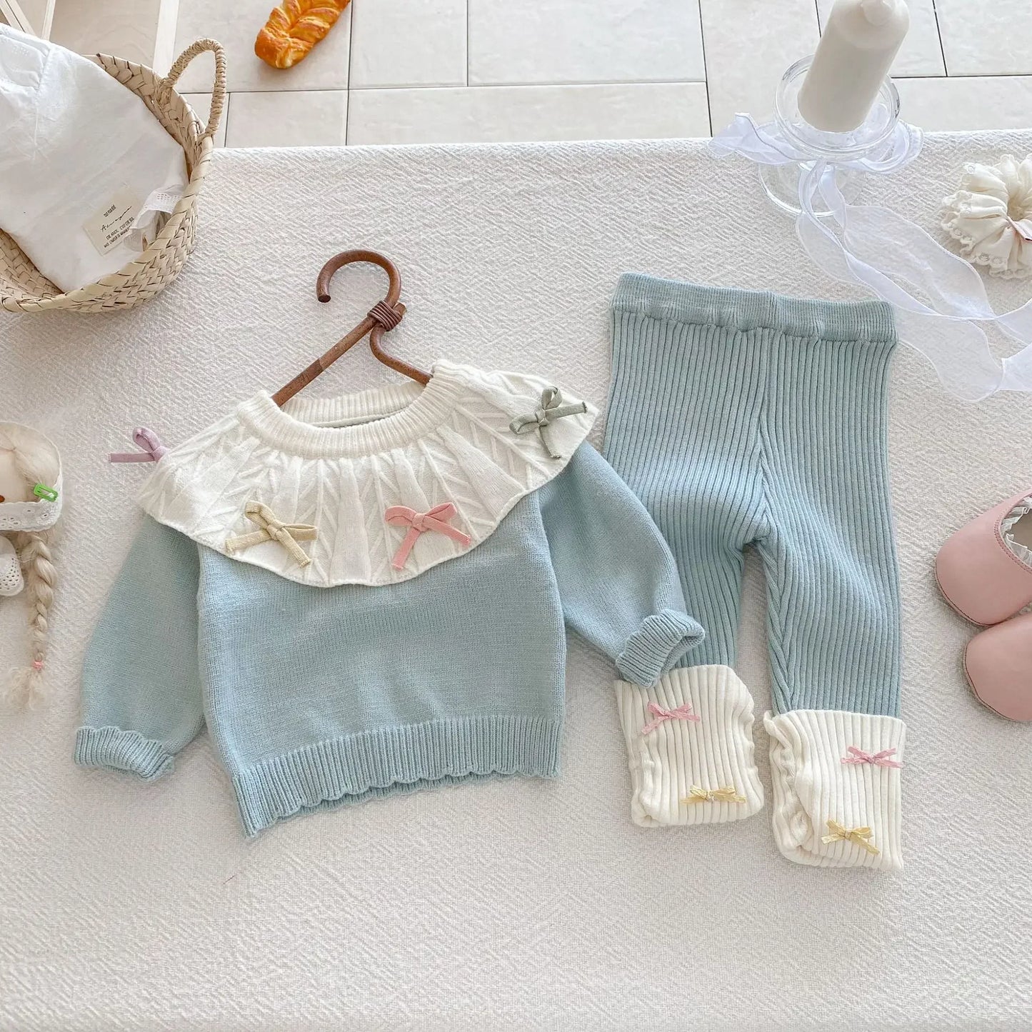 Knit Bow Detail Ribbed Collar Set