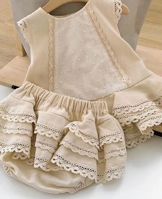 Khaki Lace Vest and Layered Hem Skirt
