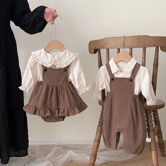 Brown Peter Pan Collar Dress and Overalls Set