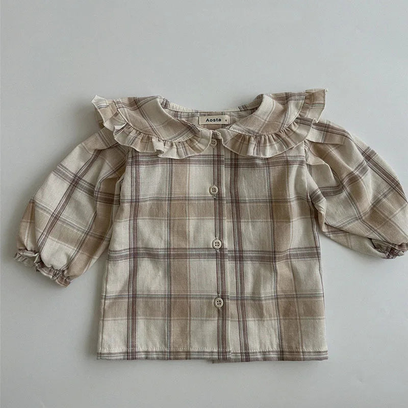 Girls Elegant Plaid Floral and Creamy White Blouse