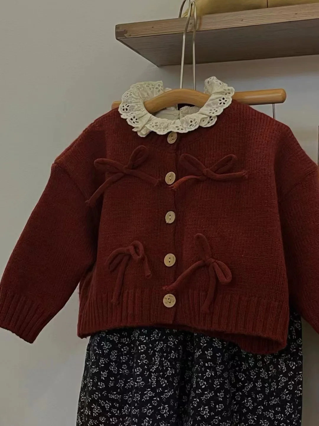 Girls Wine Red Bow Knit Sweater