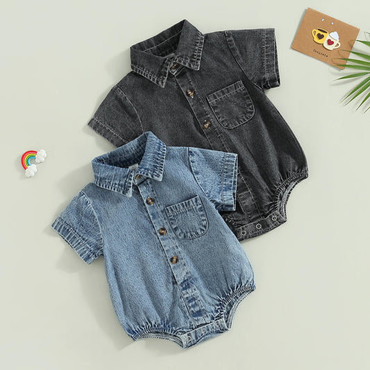 Denim Turn-Down Collar Romper