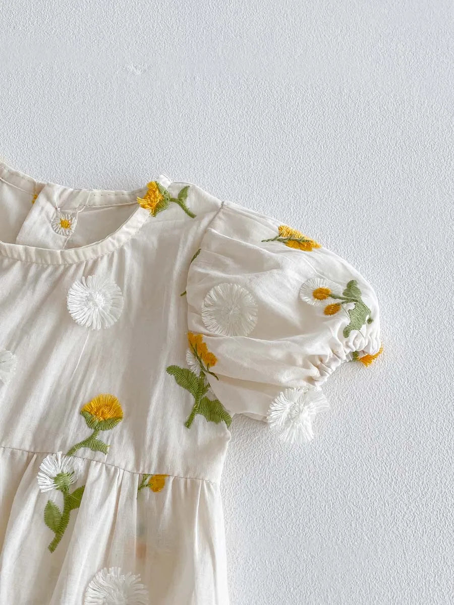 Yellow Small Floral Embroidery Romper