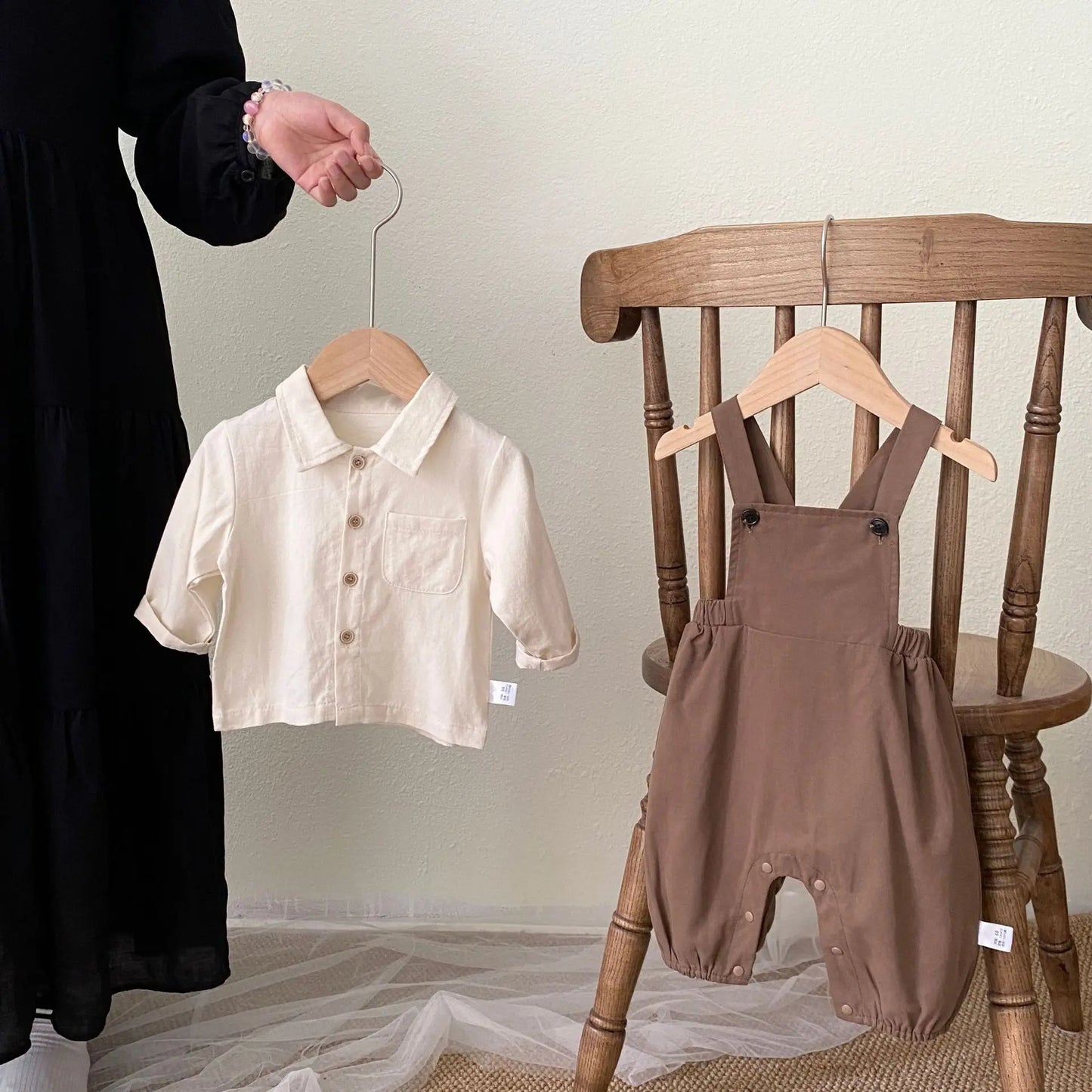 Brown Peter Pan Collar Dress and Overalls Set