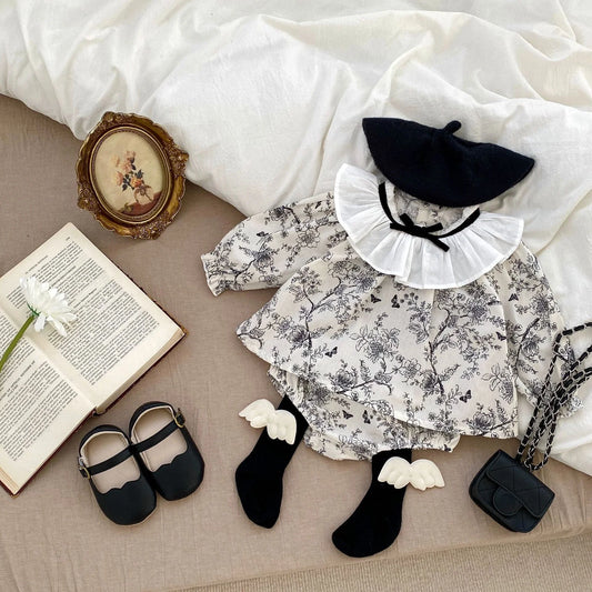 Black Floral Bow Collar Blouse Set