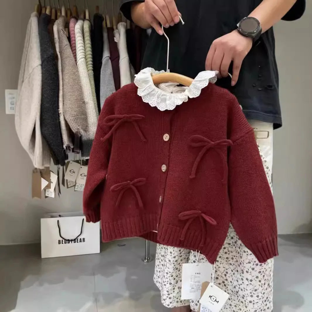 Girls Red Bow Knit Sweater