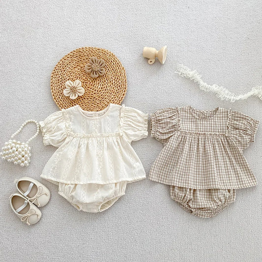 Embroidery Grid Puff Sleeve Set