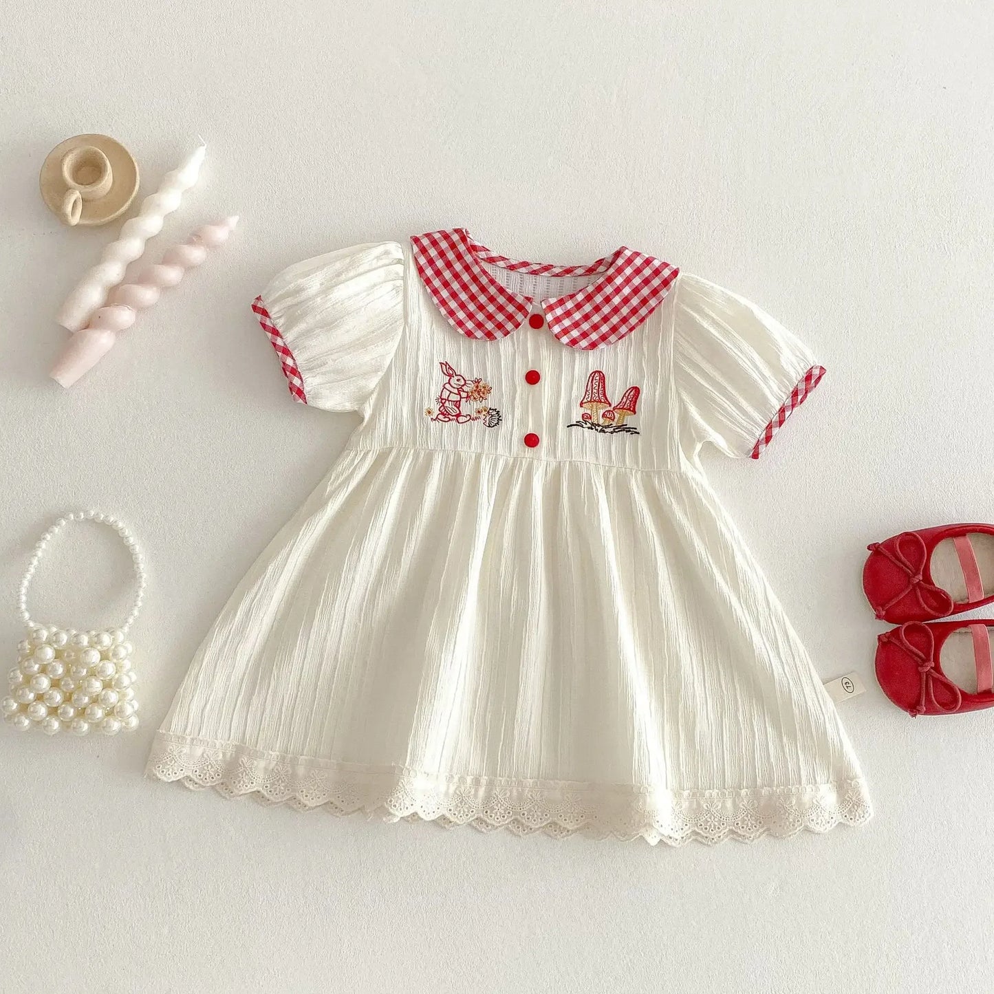 Plaid Baby Doll Collar Embroidery Dress