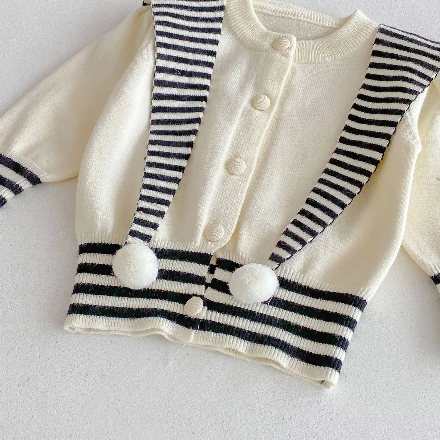Navy Striped Collar Pom-Pom Knit Cardigan