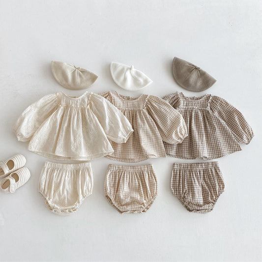 Cotton Plaid Lace Blouse Set