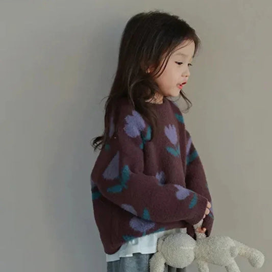 Girls Purple Flower Knit Sweater