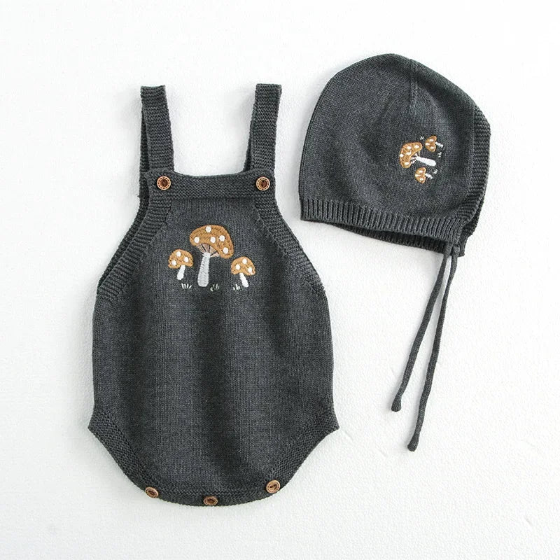 Mushroom Embroidery Knit Romper With Hat and Cardigan