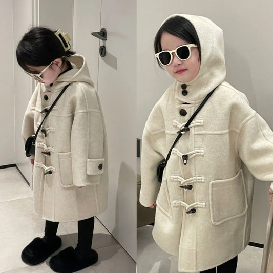 Unisex Horn Button Hooded Fur Coat