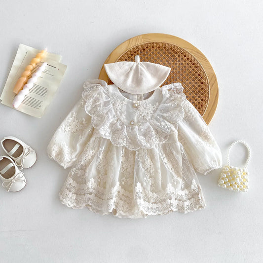 Vintage Lace Floral Embroidery Ruffled Collar Romper Dress