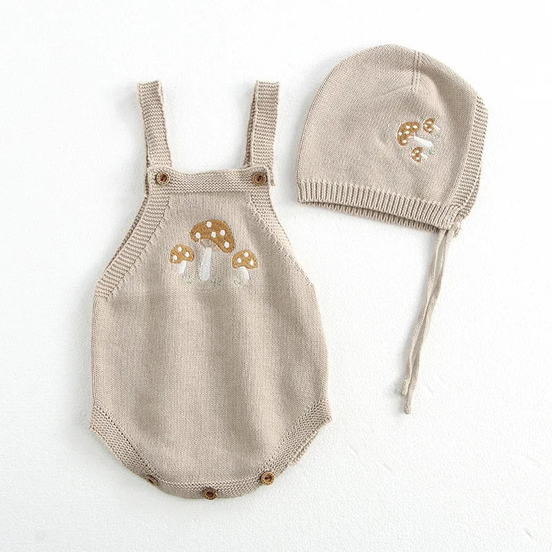 Mushroom Embroidery Knit Romper With Hat and Cardigan