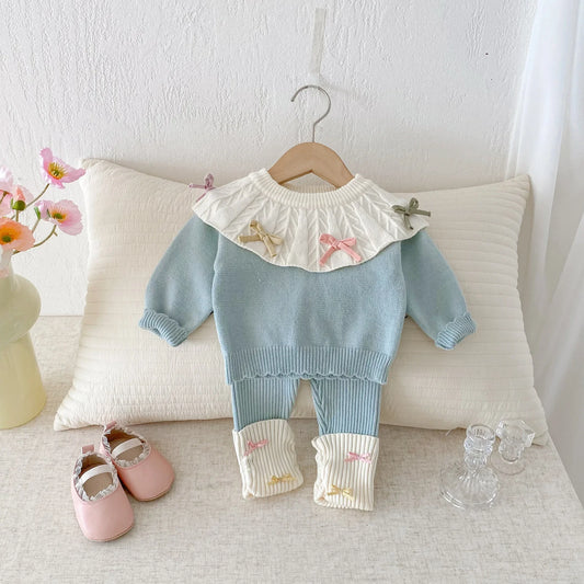Knit Bow Detail Ribbed Collar Set