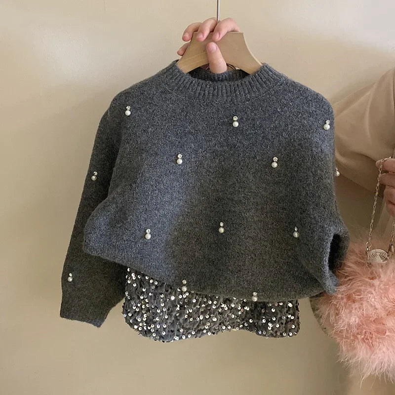 Girls Pearl Rhinestone Knit Sweater and  Skirt Set