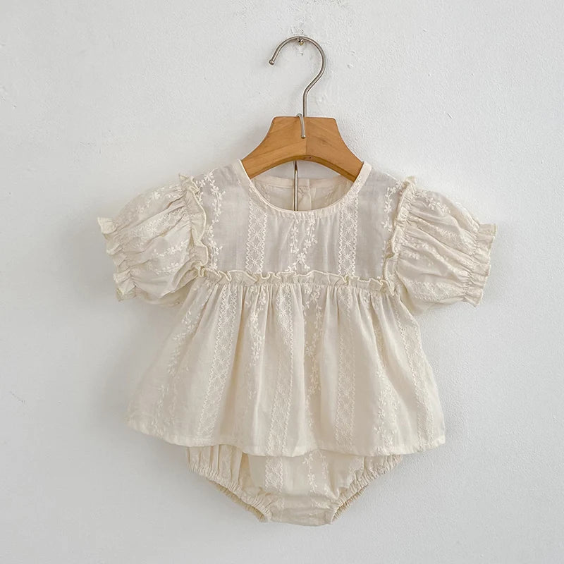 Embroidery Grid Puff Sleeve Set