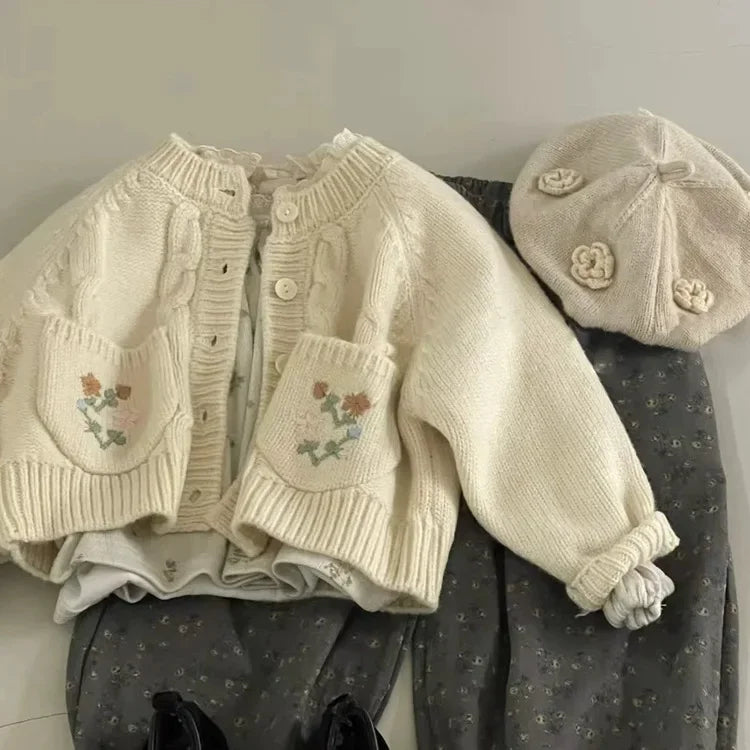 Girls Knitted Small Flowers Cardigan