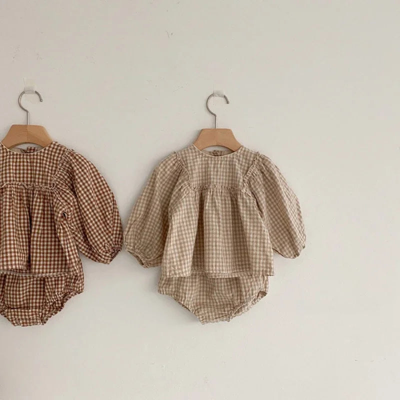 Girls Plaid Blouse and Shorts Set