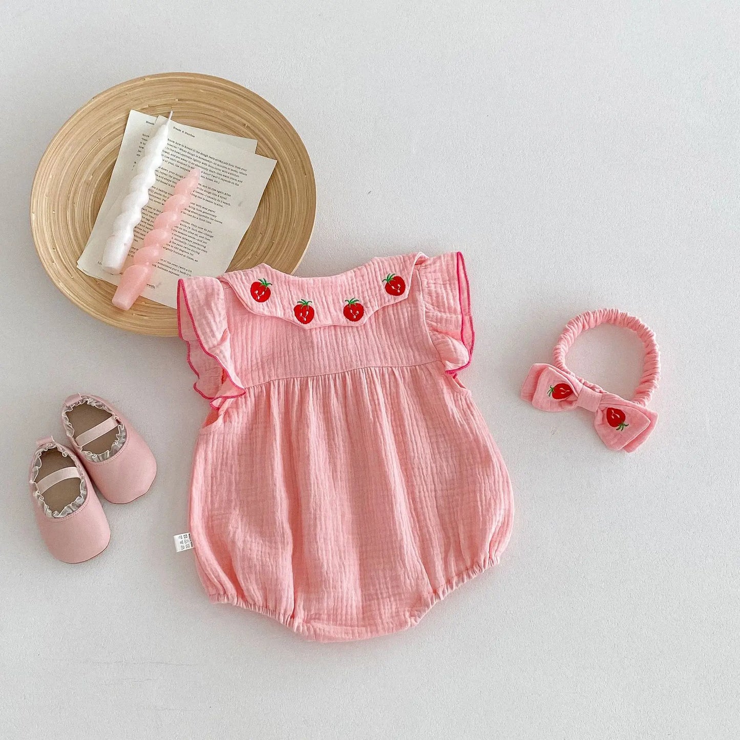 Pink Strawberry Embroidery Romper and Headband