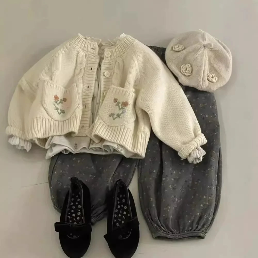 Girls Knitted Small Flowers Cardigan