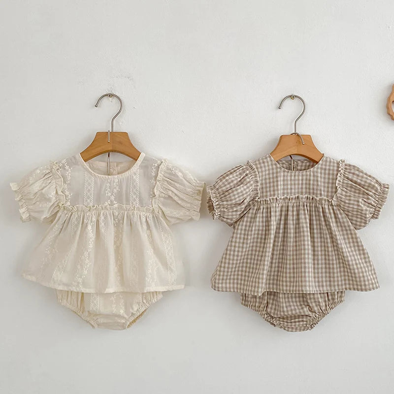 Embroidery Grid Puff Sleeve Set