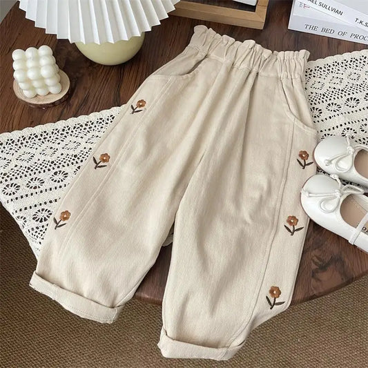 Cotton Brown Floral Embroidery Pants