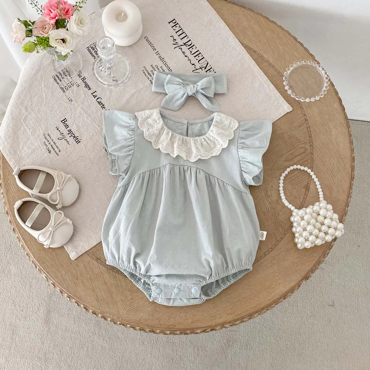 Sky Blue Laced Collar Romper and Headband