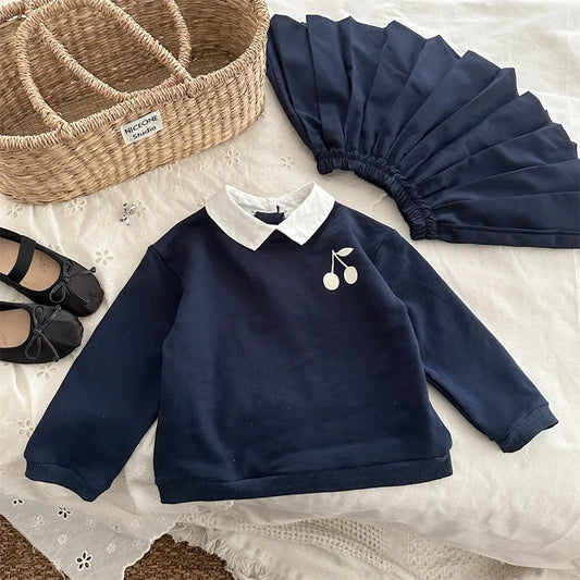 Navy Blue Cherry Collar Sweatshirt