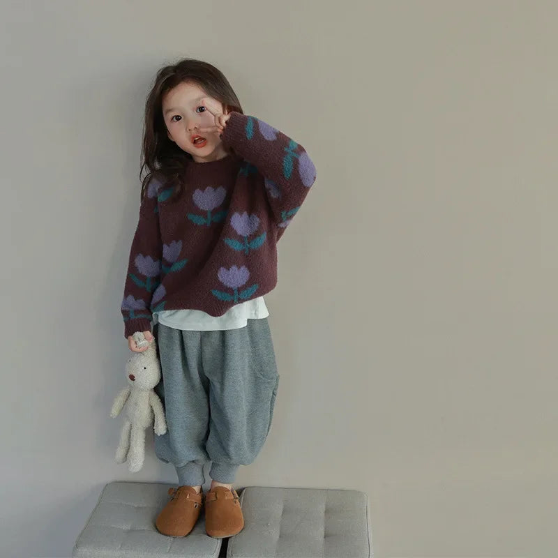 Girls Purple Flower Knit Sweater