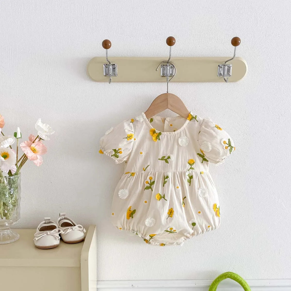 Yellow Small Floral Embroidery Romper