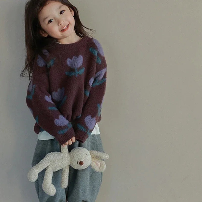 Girls Purple Flower Knit Sweater