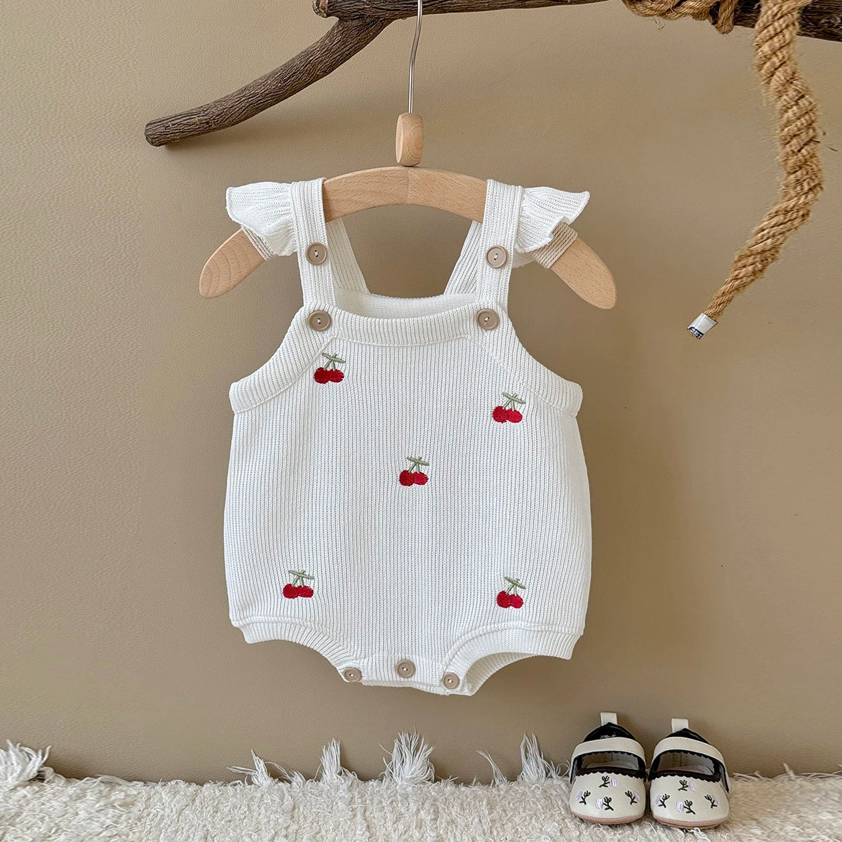 Cherry Embroidery Bubble Knit Romper