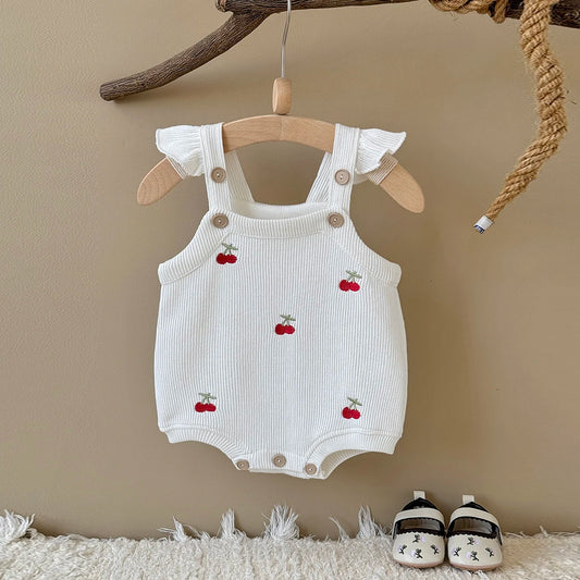Cherry Embroidery Bubble Knit Romper