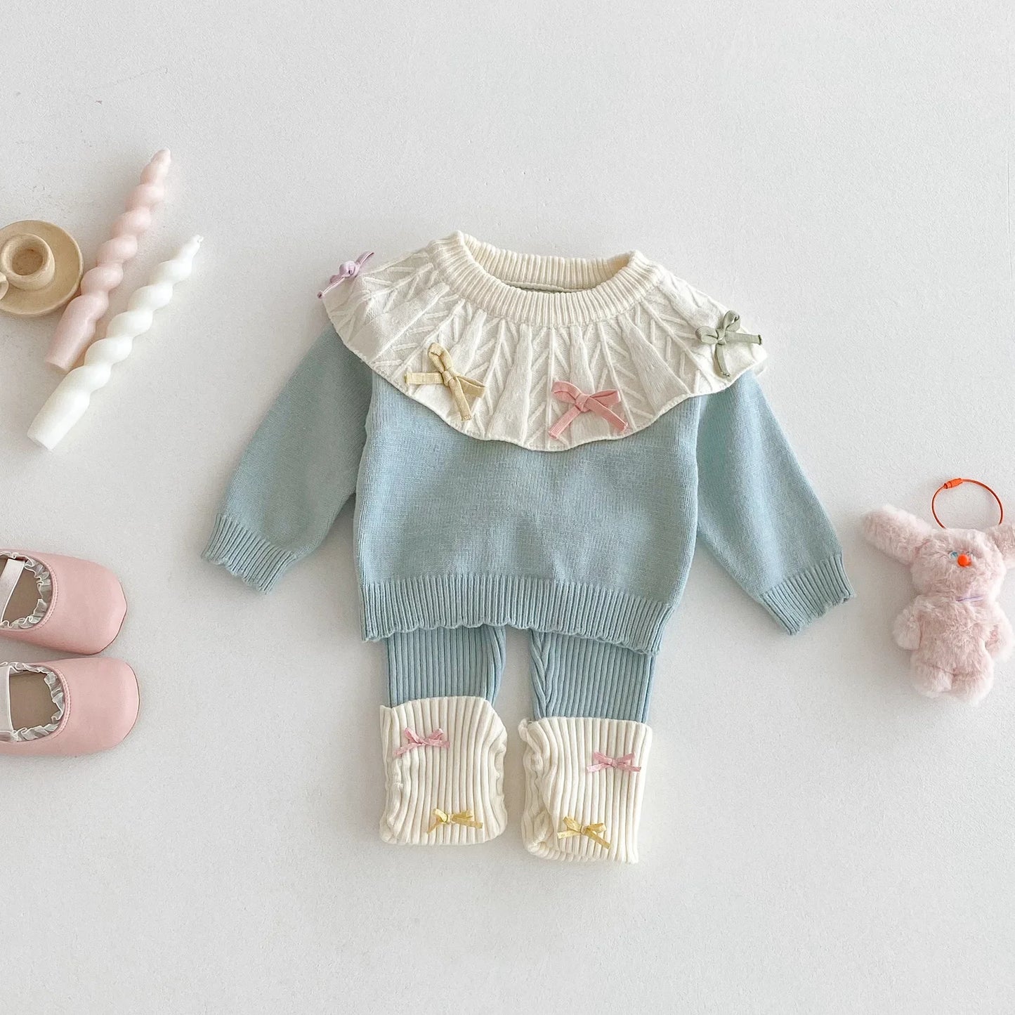 Knit Bow Detail Ribbed Collar Set
