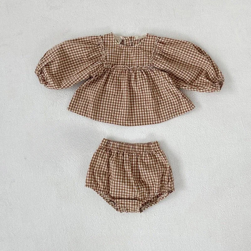 Girls Plaid Blouse and Shorts Set