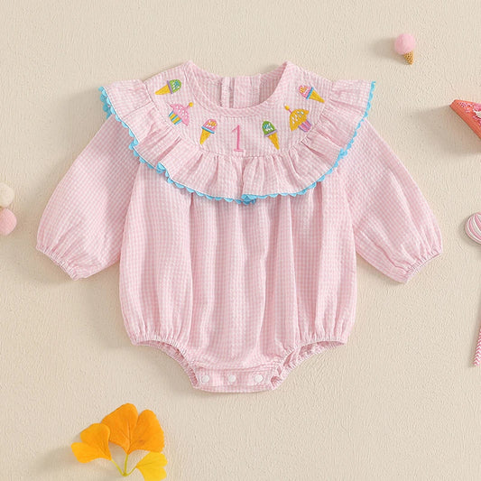 Plaid First Birthday Ice Cream Embroidery Romper