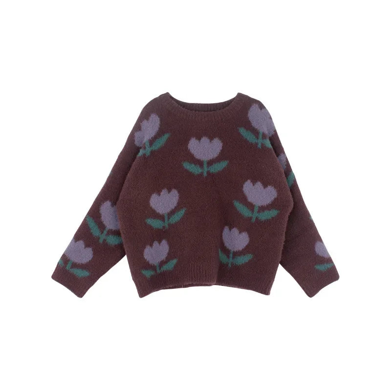 Girls Purple Flower Knit Sweater