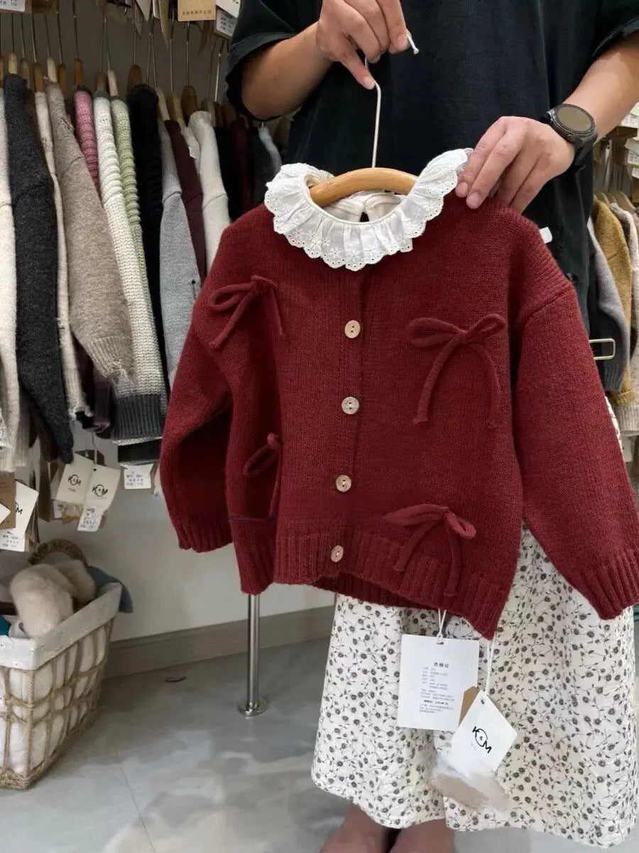 Girls Red Bow Knit Sweater