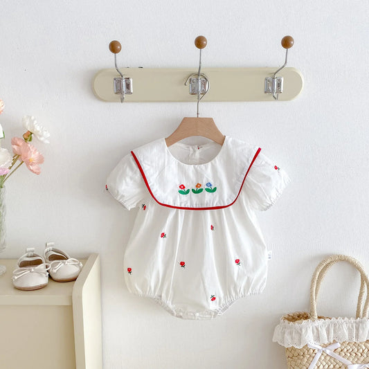 Red Floral Embroidery Square Collar Romper