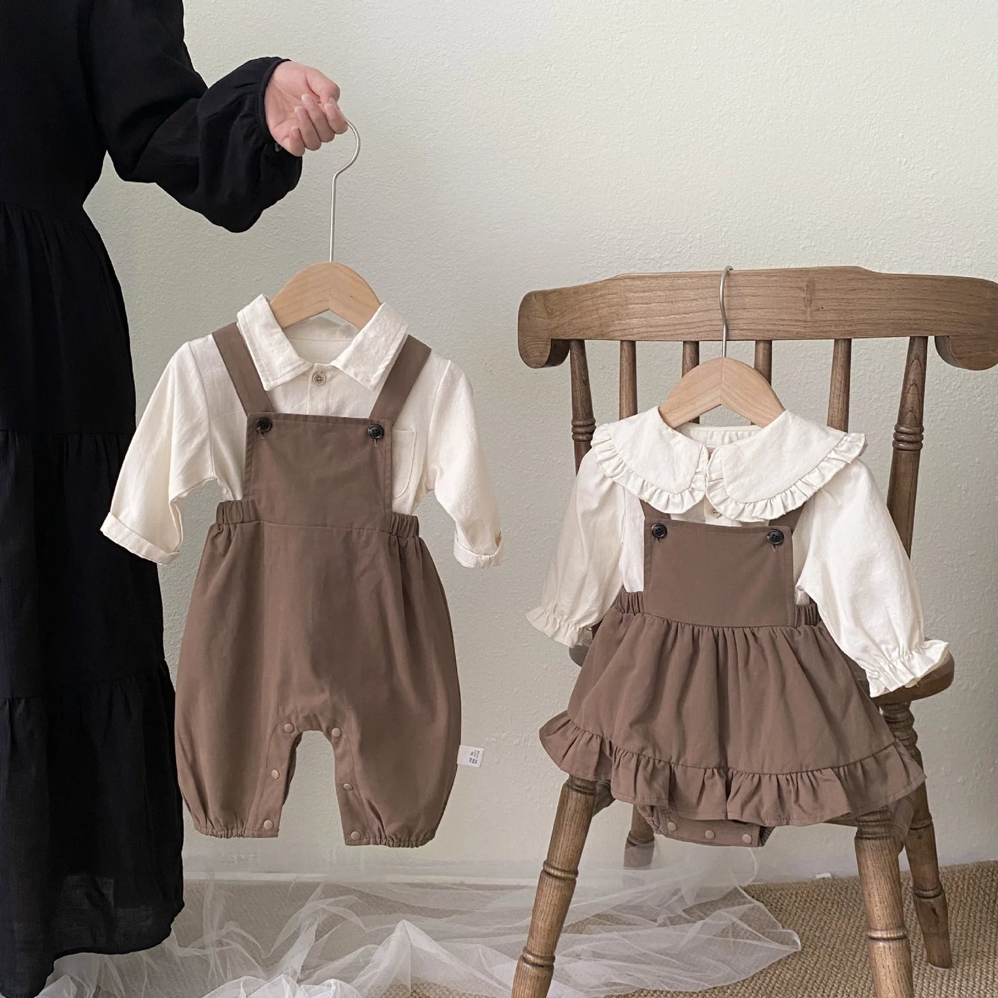 Brown Peter Pan Collar Dress and Overalls Set