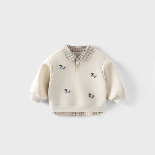 Dog Embroidery Flannel Sweatshirt