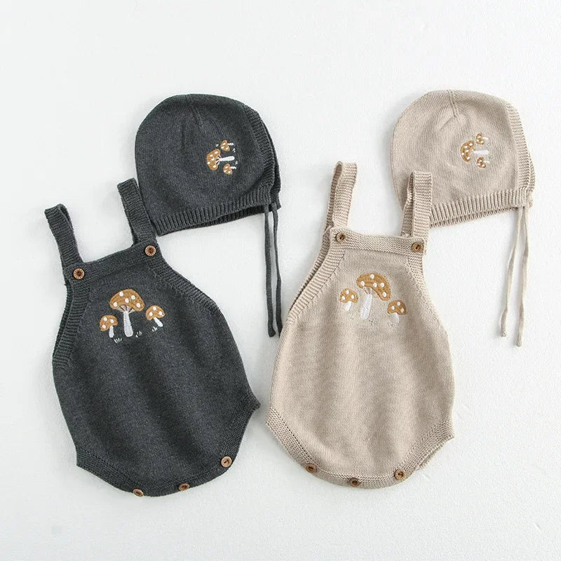 Mushroom Embroidery Knit Romper With Hat and Cardigan