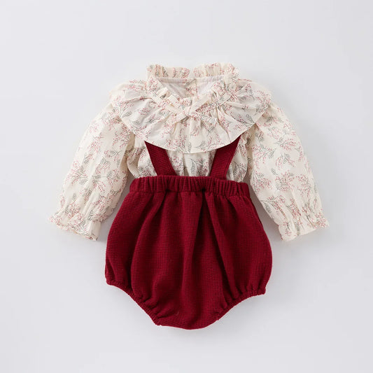 Red Floral Big Collared Blouse Set