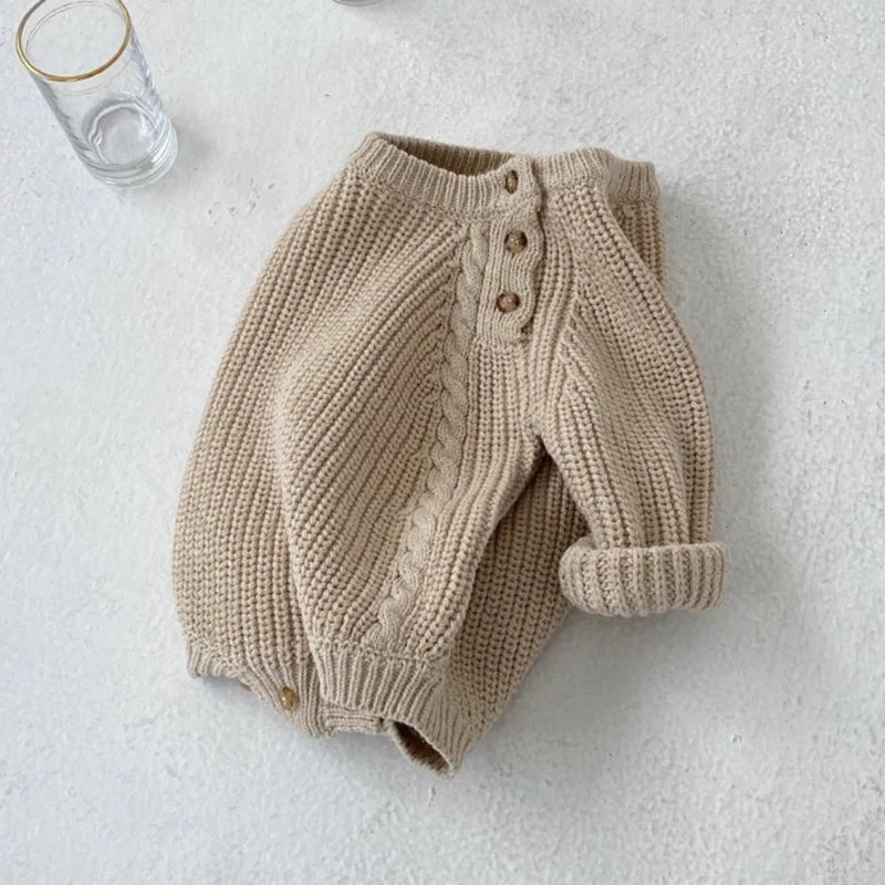 Neutral Side Button Cable Knit Romper