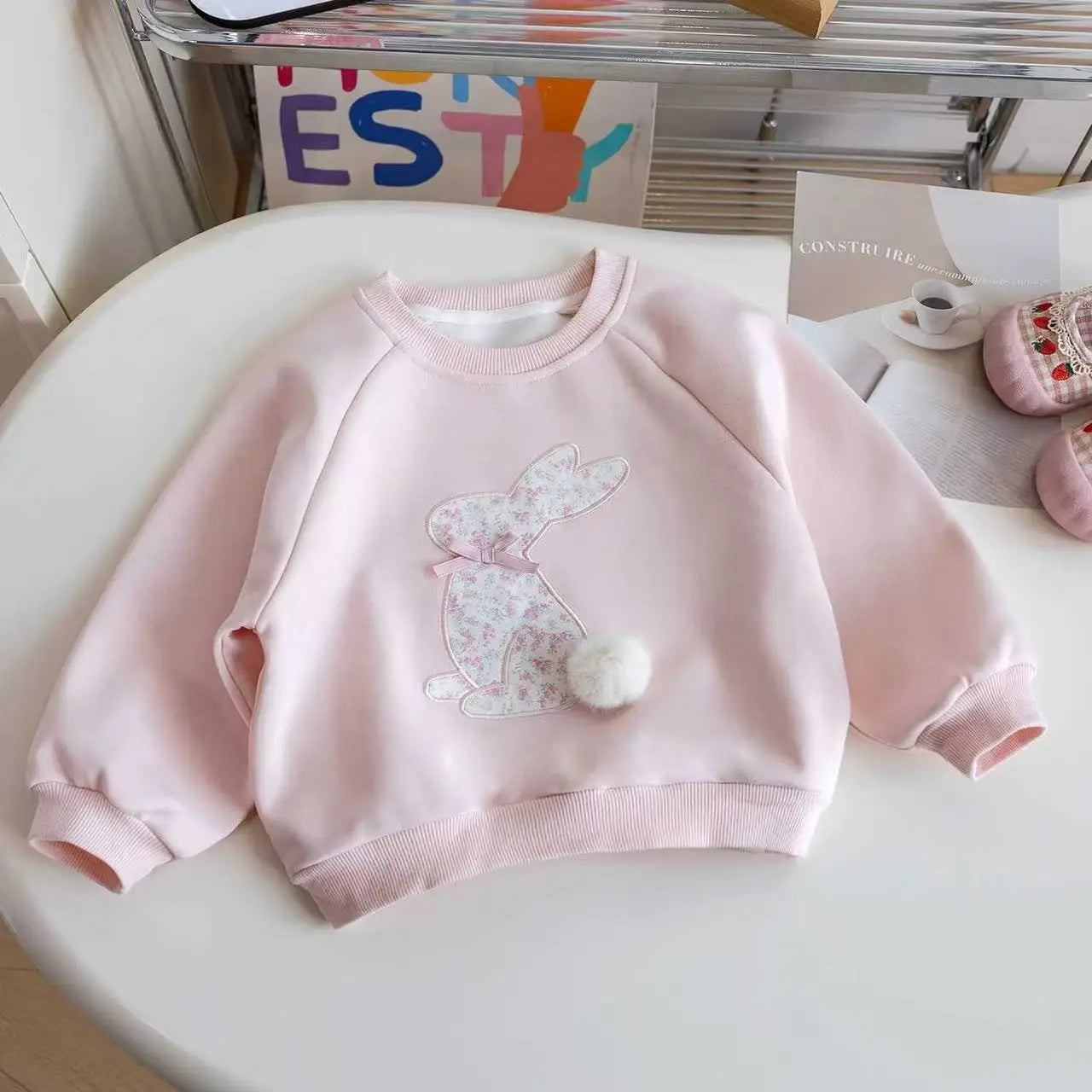 Pink Floral Bunny Pom-Pom Sweatshirt